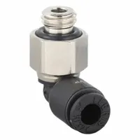 This push-to-connect elbow fitting connects 4 mm OD tubing to a 7 mm metric thread. Made of nylon and nickel-plated brass, it enables tool-free installation in pneumatic or fluid systems. Supplied in a black 10-pack