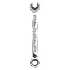 This SAE spline ratcheting combination wrench features a nickel-chrome finish and offset design. The 19/32 in head size and 7 3/4 in overall length suit tightening and loosening fasteners in industrial maintenance, assembly, and repair. The spline drive works on hex, square, and spline fasteners.