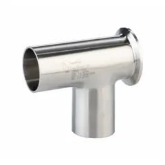 This 316 stainless steel sanitary tee fitting is a short outlet tee with 1 in OD x 1 in OD x 1 in OD size and clamp/weld connection. It features surface finishes of 20 RA / 32 RA and complies with ASME BPE standards. Used in hygienic process systems to split or combine fluid flow.