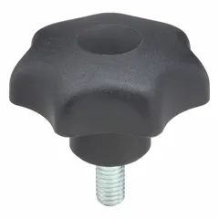 This 7-arm knob features a plastic body with a steel threaded stud for manual adjustment and clamping. With a 63 mm diameter and 3/8"-16 thread size (20 mm thread length), it provides a secure grip for positioning on machinery, jigs, and fixtures.