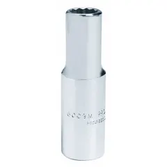 This 3/8" drive hand socket features an 11 mm, 12-point, deep design for manual fastening of metric fasteners. Constructed from chrome, it is suited for industrial maintenance, assembly, and repair tasks requiring extended reach and secure engagement.