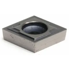 Diamond indexable turning insert for precision machining of non-ferrous materials, composites, and abrasive alloys. Used in turning, boring, and profiling operations to achieve fine surface finishes and tight tolerances. Also referenced as CCGT080202N-SC.