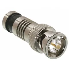 Male BNC connector with silver finish, designed for compression termination on RG-59 and RG-6 coaxial cables. Suitable for CCTV, video surveillance, and other coaxial cable installations requiring a secure connection. Sold in a 10-pack.