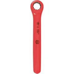 This metric single-end 12-point ratcheting box end wrench is made of alloy steel with a chrome finish. It features a 13 mm head size and 6 in overall length with a reversing mechanism. Suitable for tightening or loosening fasteners in confined spaces during maintenance, assembly, and repair tasks.