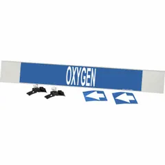 Blue fiberglass carrier-mounted pipe marker with white legend reading 'Oxygen' and directional arrows. Designed for pipes with outer diameter of 8 inches and larger. Includes strapping for installation. Used to identify oxygen lines in industrial piping systems.