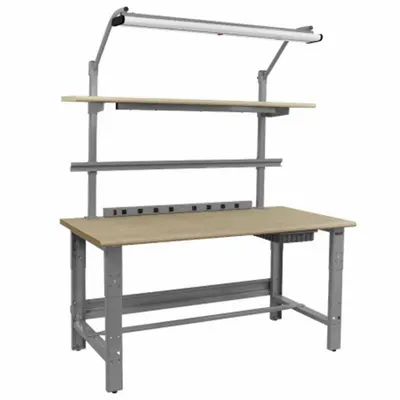 BENCHPRO Workbenches: Adj Ht, Particleboard, 60 in x 30 in, 1,200 lb Overall Load Capacity - Workstations with Power, Storage & Overhead Lighting