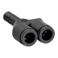 Nylon and nickel-plated brass push-fit wye fitting for connecting three tubes of equal outside diameter. Used to split or combine airflow in pneumatic tubing systems. Overall length 2 inches. Sold in a pack of 10