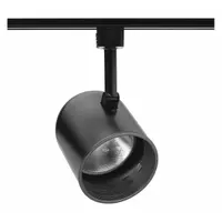Incandescent track lighting head with roundback shape, rated 75 W. Measures 6 in length and 4 3/8 in diameter. Black finish with black baffle to reduce glare. Suitable for accent or directional lighting in commercial and residential spaces