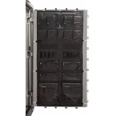 This door panel organizer mounts on the interior door of compatible gun safes to provide additional storage for handguns, magazines, or accessories. It helps keep the safe organized by utilizing otherwise unused door space.