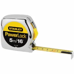 This 16 ft / 5 m tape measure features a chromed plastic body with a silver finish. It includes a nonmagnetic single hook tip, manual lock, and dual Metric/SAE markings with 1/32 in graduation on the first 12 inches. Suitable for linear measurements in construction, carpentry, and general maintenance.