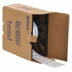 Polyolefin sleeve label roll with matte white finish. Each label measures 3/4 in x 2 in and fits wire gauges from 0 AWG to 6 AWG. Compatible with BBP72 printer series for on-demand wire identification and marking in industrial panel building, electrical maintenance, and cable labeling applications.
