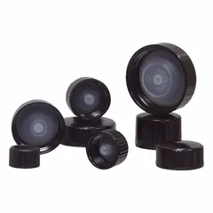 Black screw cap made of phenolic and polyethylene with a 13-425 mm closure size. Designed for sealing standard laboratory bottles with a 13 mm diameter neck. Provides a secure closure for general lab container applications.