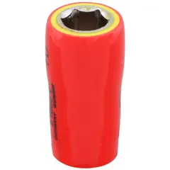 This 1/4" drive insulated hand socket is designed for use on live electrical equipment up to 1,000 V. It features a 10 mm, 6-point standard configuration with a chrome finish and 1 in overall length. Suitable for panel work, switchgear, and control cabinets requiring arc-flash protection.