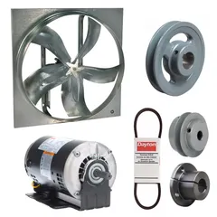 Unassembled belt-drive panel exhaust fan with drive package. Includes a 20-inch blade, 3/4 hp motor delivering 6348 cfm, and operates on 115/208-230V AC single-phase. Features an open dripproof motor with Class F insulation, zinc-plated steel frame, and no intake guards. Suitable for general ventilation in industrial and commercial facilities to remove heat, fumes, or moisture.