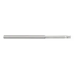 This 4-flute carbide corner-chamfer end mill has a 3/64" mill diameter, 3/32" length of cut, and a 0.003" chamfer. It is used for creating beveled edges on workpieces in CNC milling applications, removing sharp corners to improve safety and part fit.