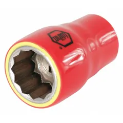 Insulated hand socket with 1/2" drive and 32 mm socket size, featuring a 12-point standard drive and 1 5/8 in overall length. Chrome finish. Suitable for use on live electrical circuits up to 1,000 V AC, providing protection against electric shock when tightening or loosening fasteners on energized equipment.