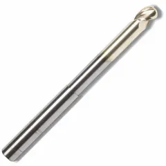 Carbide ball end mill with reduced neck for aluminum and non-ferrous materials. ZrN coating reduces friction and built-up edge. Two flutes, 3/8" diameter, 1/2" length of cut, 2-1/2" overall length. Used for profiling, slotting, and contouring.