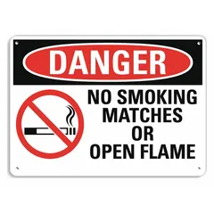 Rigid plastic sign with mounting holes for wall attachment. Nominal size 7 in x 10 in, 0.055 in thick. Not retroreflective, not glow-in-the-dark, no anti-slip surface. Used to prohibit smoking, matches, or open flame in areas where fire or explosion hazards exist.