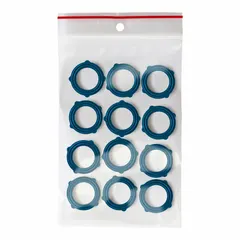 Viton garden hose washer in blue, rated for 500 psi maximum working pressure at 70°F. Suitable for creating leak-proof seals between 3/4-inch hoses and fittings in water supply and washdown applications. Supplied in a 12-pack.