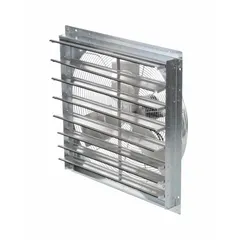 Standard shutter-mount exhaust fan with 30 in aluminum blade. Features a 1/4 hp Totally Enclosed Air Over motor, 3 speeds, and delivers 4,970 cfm at 115V AC, 1 ph. Designed for industrial ventilation to remove heat, fumes, and stale air. Shutter opens automatically when fan operates and closes when off to block weather and debris.