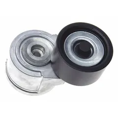 Self-adjusting belt tensioner for maintaining proper tension on serpentine or accessory drive belts in heavy-duty vehicle applications. Features a single steel pulley with 3-inch outside diameter. Steel construction provides durability under high load and temperature conditions.