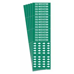 Green adhesive pipe marker with white legend text reading 'Cold Water Return' and directional arrows. Designed for pipes with outside diameter of 3/4 inch and smaller. Sold in a pack of 5. Used to identify cold water return piping in industrial and commercial facilities.