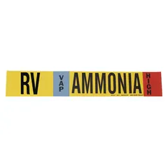 Ammonia wrap-around pipe marker for identification of RV (relief valve) lines in industrial refrigeration systems. IIAR compliant for VAP phase at High pressure level. Fits pipe outer diameter 2-1/2 to 7-7/8 inches. Includes directional arrows for flow indication. Supplied as one marker per unit.