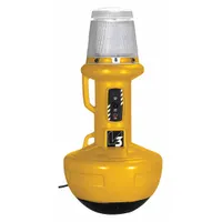 Self-righting floor light for temporary job site illumination. Operates on 120V AC, delivers up to 15,000 lumens with a single light level, and features an IP55 rating for dust and water resistance. Housed in a black and yellow enclosure