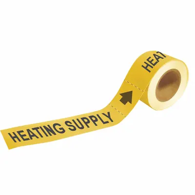 BRADY Pipe Marker: Heating Supply, Yellow, Yellow, Fits 2 1/2 to 6 in Pipe O.D. - Heating Supply Adhesive Pipe Markers on a Roll