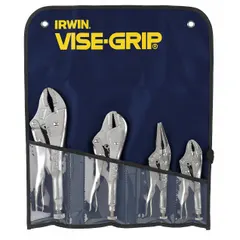 Set of four curved-jaw locking pliers with plain grip. Max jaw openings: 2 in, 1-1/2 in, 1-1/8 in, and 1-7/8 in. Suitable for clamping, gripping, and holding workpieces in metalworking, fabrication, and maintenance tasks. Supplied in a bag for storage.