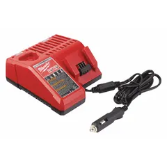 Multi-port charger for 12V DC and 18V DC batteries. Charges a 3 Ah battery in 1 hour. Operates on 24V AC input power. Suitable for job sites and workshops to maintain cordless tool battery readiness.