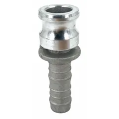 This Type E aluminum cam and groove fitting features a 3/4 in male hose shank and a 3 1/2 in overall length. It is used for quick-connect hose and pipe connections in fluid transfer applications without requiring tools.