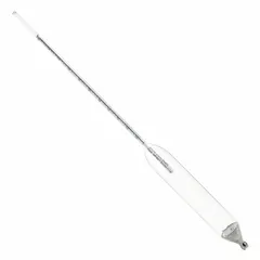 Glass hydrometer for measuring specific gravity of liquids. ASTM Specific Gravity Plain Form type with range 1.200/1.250 and scale divisions of 0.0005. Used in laboratory and industrial settings for density determination of liquids such as chemical solutions and wastewater.