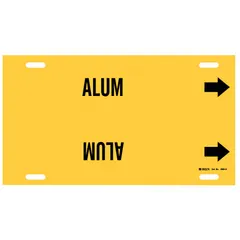 Yellow aluminum strap-on pipe marker with black legend reading 'Alum.' Designed for pipe outer diameters of 10 to 15 inches. Includes directional arrows for flow indication. Suitable for identifying pipes carrying alum in industrial piping systems.