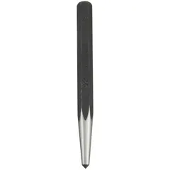 Centering punch with a 3/16 in hexagon plain grip and 1-1/2 in taper length. Overall length of 4-1/4 in. Used to mark precise center points on workpieces before drilling, guiding drill bits to prevent wandering.