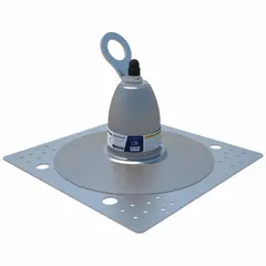 Permanent-installation anchor for membrane roofs, designed for tie-off mounting on inclined wood surfaces. Steel construction with swivel D-ring and toggle-bolt attachment. Supports concrete or wood substrates on flat or inclined roofs.