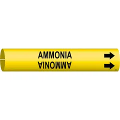 This snap-on pipe marker identifies ammonia lines in industrial piping systems. It fits pipe O.D. 4 to 6 in, includes one marker with English text and directional arrows. Suitable for use in refrigeration, HVAC, and chemical processing facilities.