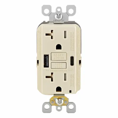 LEVITON Receptacle: Decorator Duplex, 5-20R, USB Type A/C, Light Almond, 125V AC - Weather-Resistant Receptacles with USB Chargers