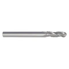 Carbide ball-nose roughing end mill with 1" mill diameter, 1-1/2" length of cut, 4" overall length, and 3 flutes. Designed for heavy material removal and 3D contouring in die and mold making, aerospace, and automotive machining. Suitable for high-speed cutting of steels and alloys in CNC and manual milling machines.
