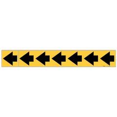 This coiled plastic pipe marker features a yellow background with black legend to indicate flow direction on piping systems. It measures 12 inches wide and 2 inches long, supplied in a 12-inch roll width. The marker is non-reflective and suitable for industrial pipe identification.