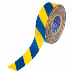 Polyester floor marking tape with blue/yellow striped pattern, 22 mil thickness, 2 in width, 100 ft length. Used for marking aisles, hazards, and storage zones in industrial facilities requiring high-traffic durability.