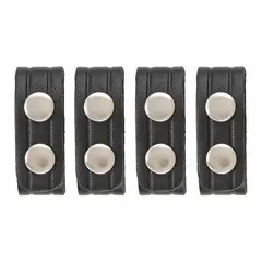 This belt keeper secures loose belt ends on work trousers or uniforms, reducing snagging hazards. Made of plain synthetic leather in black with a nickel snap closure. Each pack contains 4 pieces, each 1 inch wide. Suitable for maintenance, machining, and material handling settings.