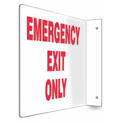 L-Shape Projection Emergency Exit Only Sign with mounting holes for secure installation. Nominal sign size 8 in x 12 in. Not retroreflective, not glow-in-the-dark, no anti-slip surface. Used to mark emergency exit routes in industrial and commercial facilities.