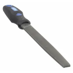 Rectangular machinist file with double-cut taper for aggressive stock removal on flat surfaces. Smooth cut, natural finish. Length without tang: 8 in, width: 13/16 in, thickness: 7/32 in. Used for fine metal finishing and deburring in machining and maintenance.
