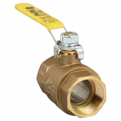 This brass ball valve features a straight body with female iron pipe (FIP) threaded connections on both ends. The full-port ball design allows unrestricted flow, minimizing pressure drop. A lever handle provides manual on/off control. Suitable for use in plumbing, HVAC, and process piping systems requiring a 1-1/4 in line.