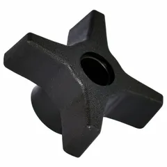 4-arm knob with unthreaded hole, 45 mm diameter, constructed of plastic with steel/zinc insert and M6 thread. Used for manual adjustment and clamping in industrial machinery, jigs, and fixtures where a four-point grip is required for tool-free tightening and positioning.