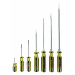 This 7-piece screwdriver set includes slotted and square tip drivers with magnetized tips for secure screw retention. The cushion grip reduces hand fatigue during extended use. Suitable for general fastening tasks in maintenance, assembly, and repair applications.