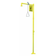 The BRADLEY S19-110 is a floor-mount plumbed shower with a plastic sprayhead and galvanized steel pipe in a yellow finish. It is activated by a pull rod, making it suitable for emergency or general washdown applications in industrial or commercial facilities.