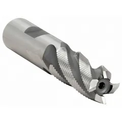 Cobalt roughing end mill with 3/4" diameter, 4 flutes, and fine pitch. Length of cut is 3", overall length 5-1/4". Designed for high material removal rates in ferrous materials, leaving a rough surface for subsequent finishing.
