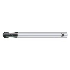 This OSG carbide ball end mill features a WXS coating and 2-flute geometry for machining hardened materials. With a 6 mm diameter, 9 mm length of cut, and 75 mm overall length, it is suited for precision contouring and 3D profiling in mold, die, and aerospace applications.